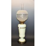 A Victorian oil lamp, pale mint green reservoir and base, etched glass shade,