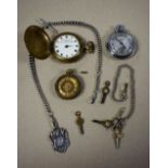 Watches - a silver double Albert chain, T bar, shield medal,