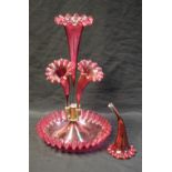 A Victorian Cranberry glass three branch epergne, crimped fluted edges, approx 30cm high, 19cm diam,