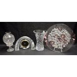 A Hoya Crystal alarm clock, cased; a cut glass lamp; an Edinburgh crystal cut glass vase, 23cm high,