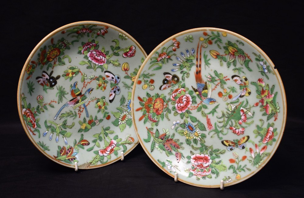 A pair of Chinese Celadon circular plates, decorated with birds,
