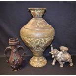 A Japanese Meiji period bronze two handled vase, relief decorated with birds,