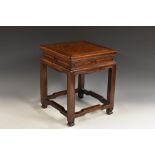 A Chinese padouk and burr wood square jardiniere stand, 31cm high, 25.5cm wide, c.