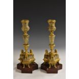 A pair of 19th century gilt metal mounted fluorspar mantel candlesticks, campana sconces,