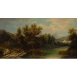English School (19th century) Figures Beside a Lake and Villas oil on canvas,