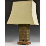 A Chinese verdigris patinated bronze slab-sided table lamp,