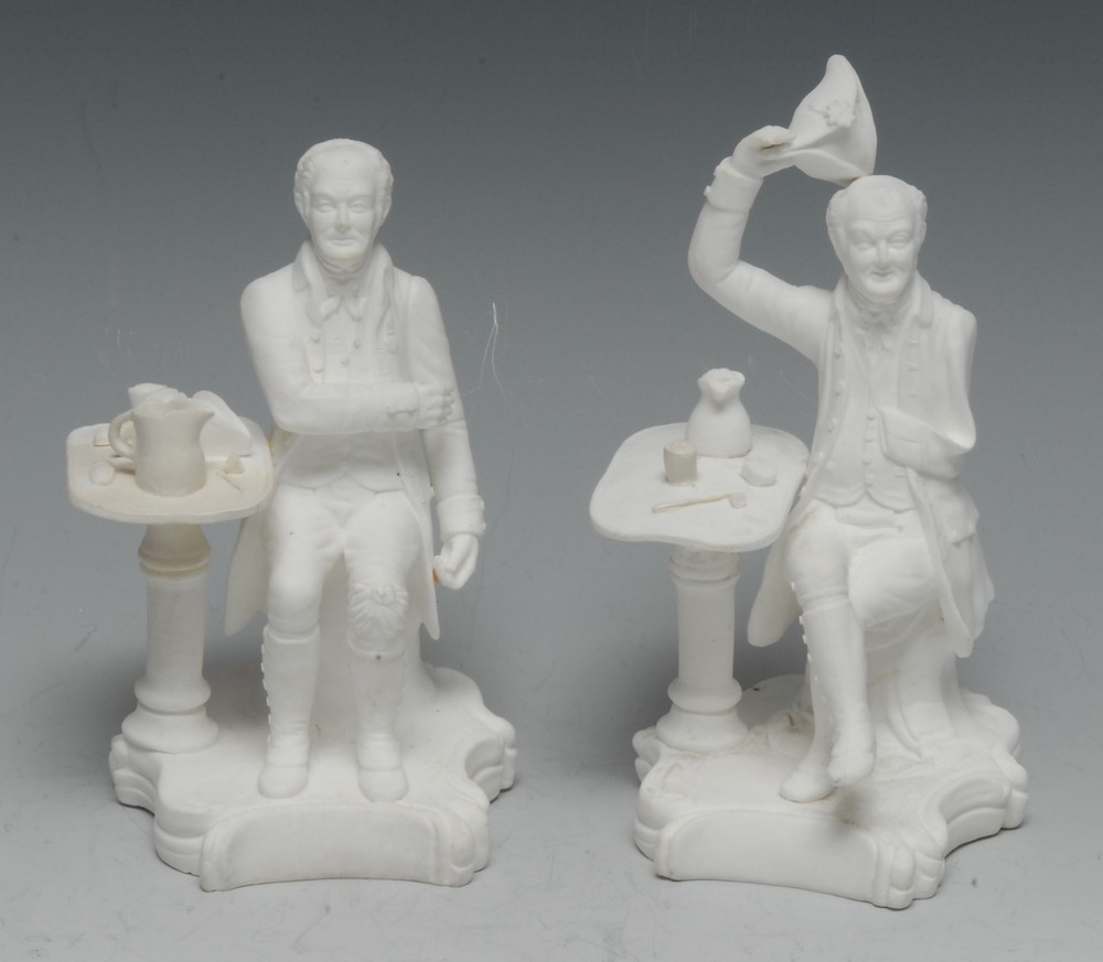 A pair of Minton biscuit porcelain figures, Chelsea Pensioners, seated by tables, 15cm high,