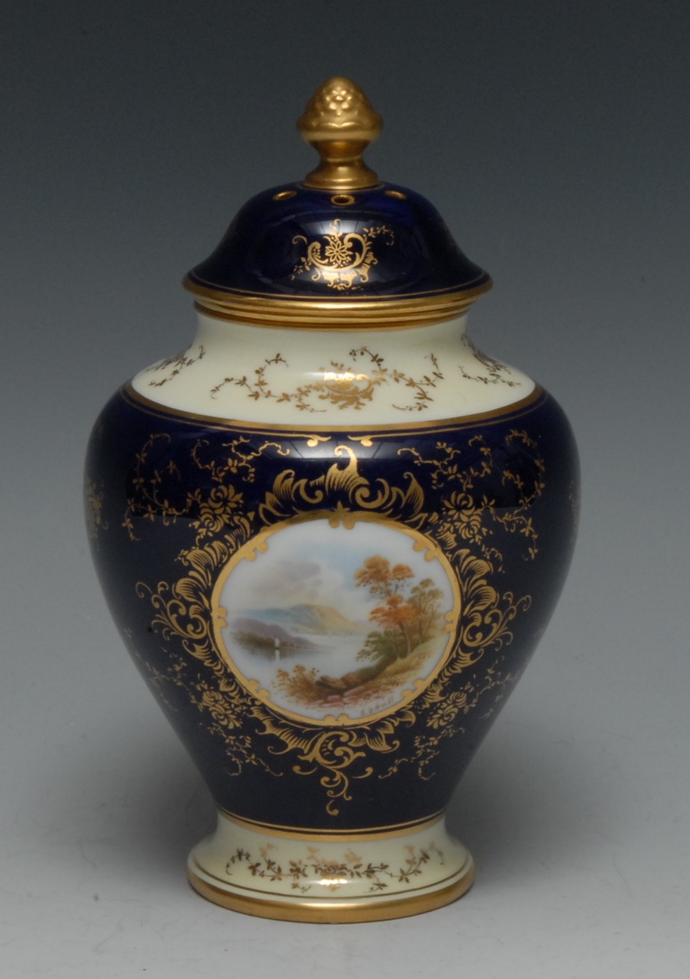 A Coalport Named View pot pourri vase, inner cover and domed cover, painted by E.O.