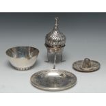 An Egyptian silver qubba shaped incense burner, crescent cresting, tripod base with pad feet,