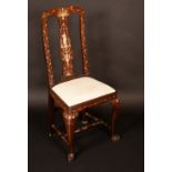 An 18th century mahogany and ivory marquetry side chair, shaped back with vasular splat,