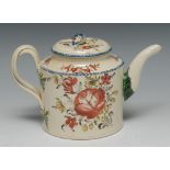 An English creamware teapot and cover, painted with stylised roses and foliage,