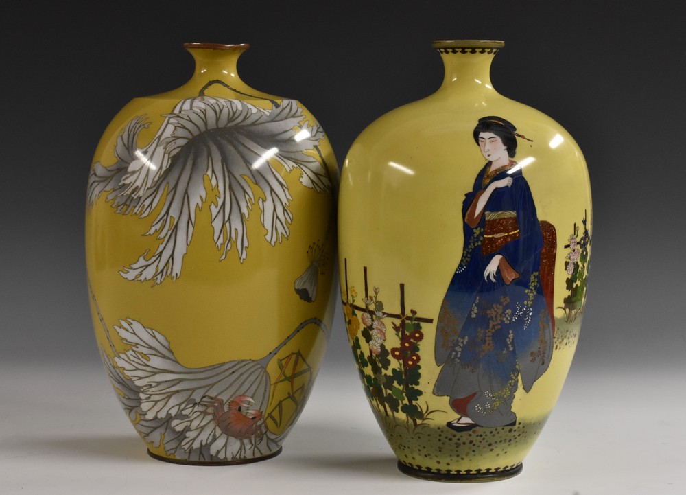 A Japanese cloisonné enamel ovoid vase, decorated in polychrome with a geisha in a garden,