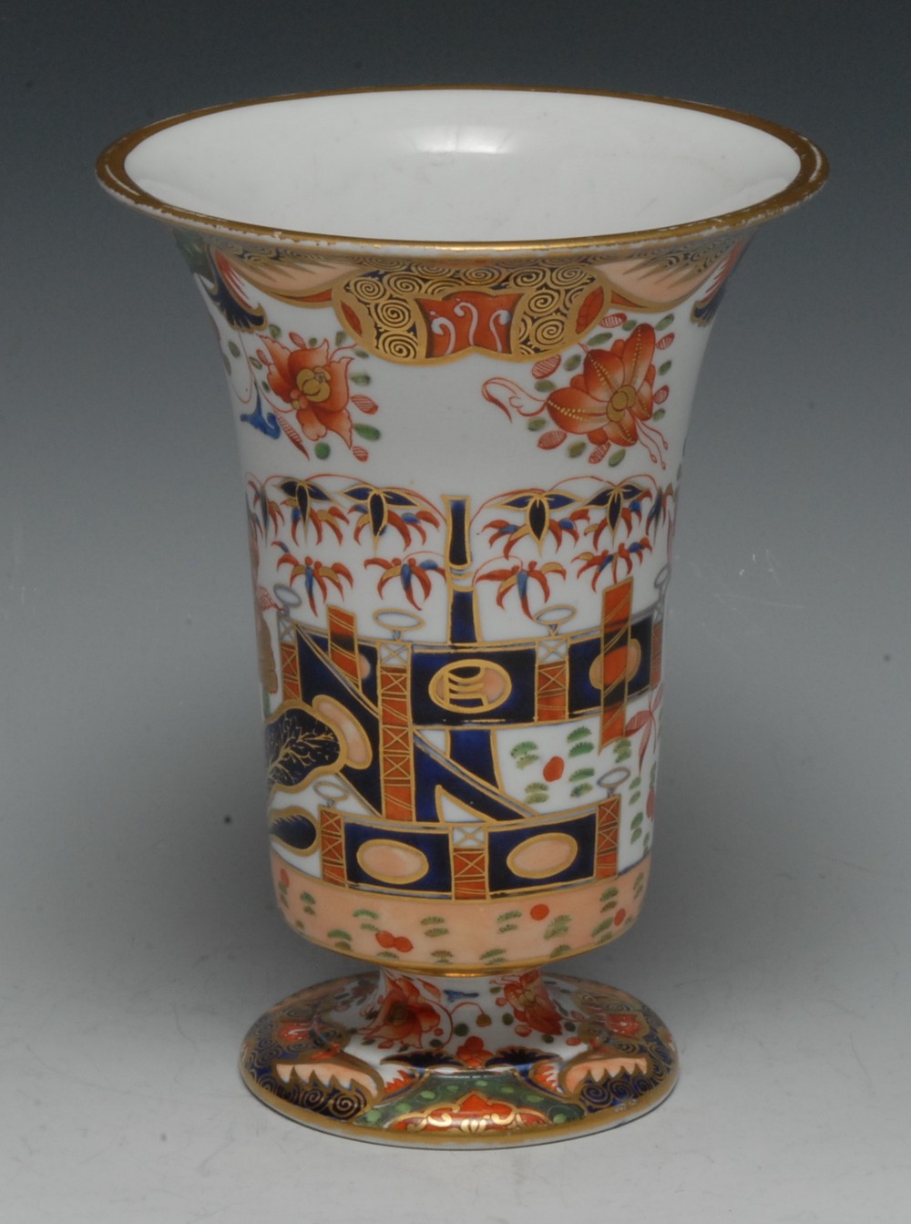 A Spode trumpet shaped vase, decorated in the Imari palette, 16cm high,