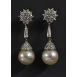 A pair of diamond and pearl droplet earrings,