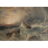 English Romantic School (19th century) Hope at Dawn, A Shipwreck in a Storm watercolour,