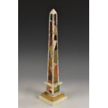 A Grand Tour-type pietra dura library white marble obelisk, inlaid with malachite, pudding stone,