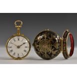 A late George II or early George III gold and black lacquer repeating pair case pocket watch,