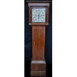 A George III oak longcase clock, 30cm square painted dial with Roman and subsidiary Arabic numerals,