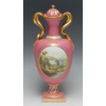 A Copeland Spode pedestal ovoid vase and cover, painted with a landscape in an oval cartouche,