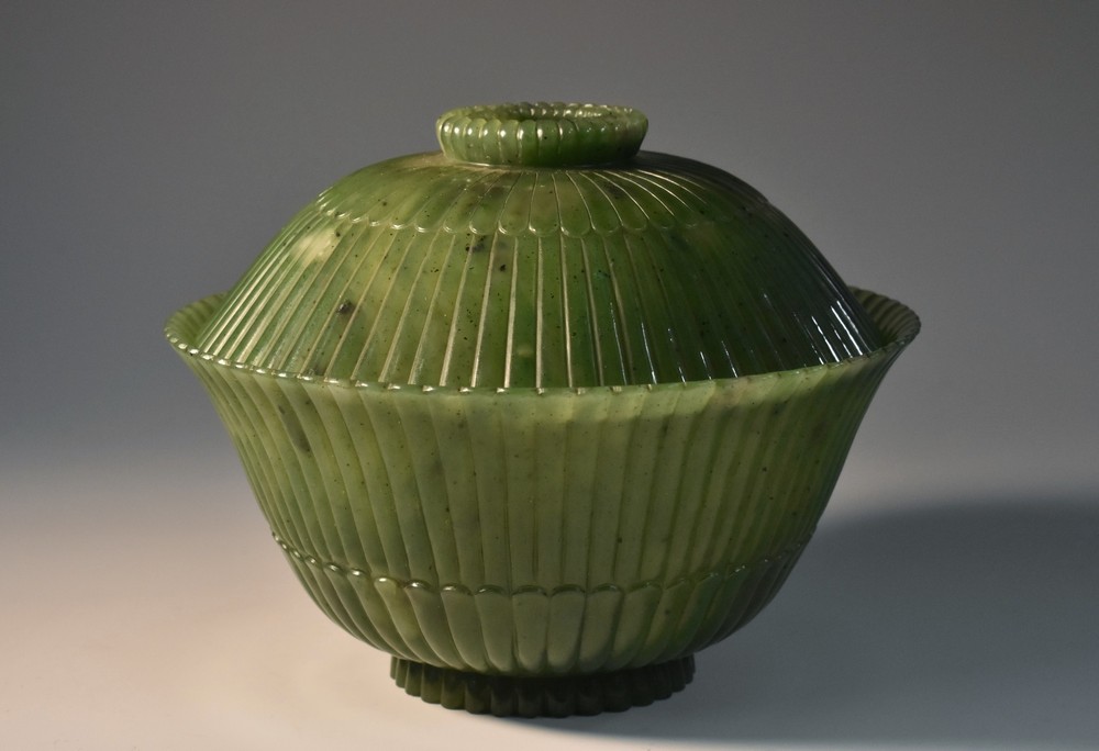 A Chinese spinach green jade 'lotus' bowl and cover, with fluted sides, 11.