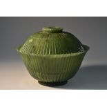 A Chinese spinach green jade 'lotus' bowl and cover, with fluted sides, 11.