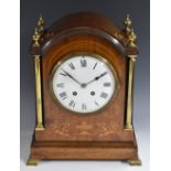 An Edwardian mahogany and marquetry bracket clock, 14cm convex dial inscribed with Roman numerals,