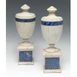 A pair of Grand Tour-type lapis lazuli and white marble library urns, of Neoclassical design,