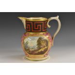 A fine early Coalport jug, painted with two rural landscapes within a gilt cartouche,