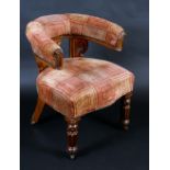 A Victorian mahogany club armchair, curved cresting rail, stuffed over upholstery,