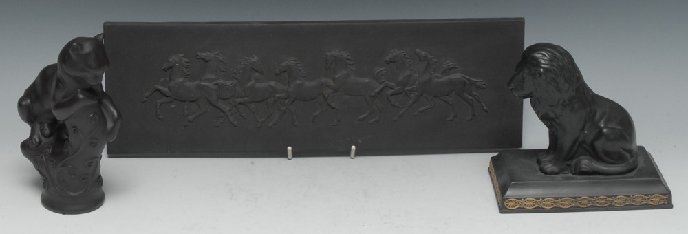 A Wedgwood black basalt rectangular plaque, by Rosemary Barnett, moulded with seven horse, 37.