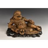 A 19th century Chinese hardwood carving, of Buddha and a Jin Chan money toad,