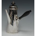 An Irish silver conical chocolate pot, hinged domed cover with knop finial, turned fruitwood handle,