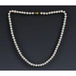 A single strand cultured globular pearl necklace, 9ct gold sphere clasp, stamped 375,