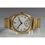 J W Benson - a 1940s vintage 9ct gold cased wristwatch, white dial, Arabic numerals, minute track,