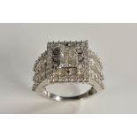 An Art Deco style diamond cluster ring, central raised rectangular table of six square diamonds,