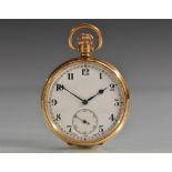 A 9ct gold open face pocket watch, white enamel dial, Arabic numerals, minute track,