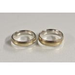 A matching pair of Berker Brothers 9ct white and yellow gold wedding bands, sizes M and N, 7.