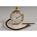 A George V 9ct gold open face pocket watch, white enamel dial, bold Roman numerals, minute track,