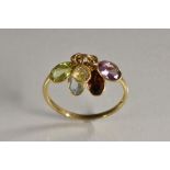 A 9ct gold multi stone droplet articulated dress ring, suspending amethyst, garnet, peridot etc,