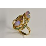 A moonstone, emerald, ruby, diamond and spinel naturalistic ally formed dress ring,