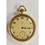 Longines - an 18ct gold open face pocket watch, textured dial, Arabic Numerals, minute track,
