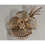 A 9ct gold seed pearl pierced open cast floral swag brooch, stamped Solar Gem 9ct, 51mm long, 7.