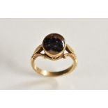 A 9ct gold Blue John fluorite solitaire ring, oval blue john panel with strong linear tones,