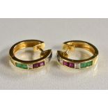 A pair gold coloured metal multi stone hoop earrings,