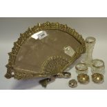 A dressing table mirror in the form of a 19th century fan; silver collared powder bowls;