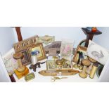 Various sewing bobbins; shuttle; early coat hanger; advertisement tin; decorative picture frame;