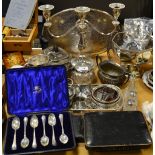 Silverplate - a three branch candelabrum; a 19th century plated presentation rose bowl;