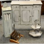 A shabby chic breakfront side cabinet three short drawers over three cupboards; a French bread box;