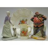A Royal Doulton figure Falstaff HN 2054; a Lladro type figure of a lady and her dog;