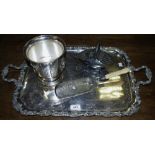 Silver plated gallery tray grape vine border; a George III style wine cooler Lion mask handles;